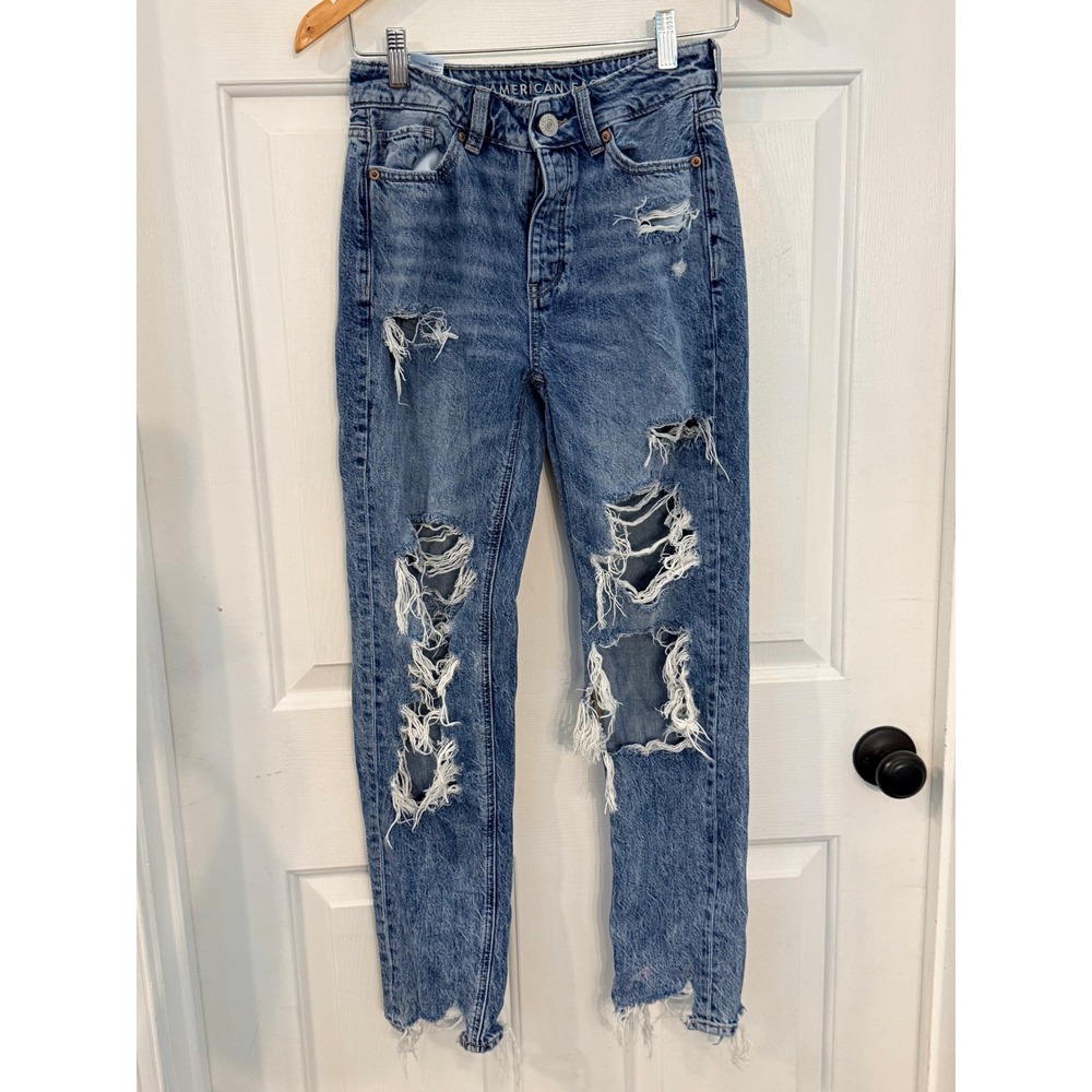 American Eagle Jeans Womens 0 Distressed Button Fly High Rise Medium Wash Blue